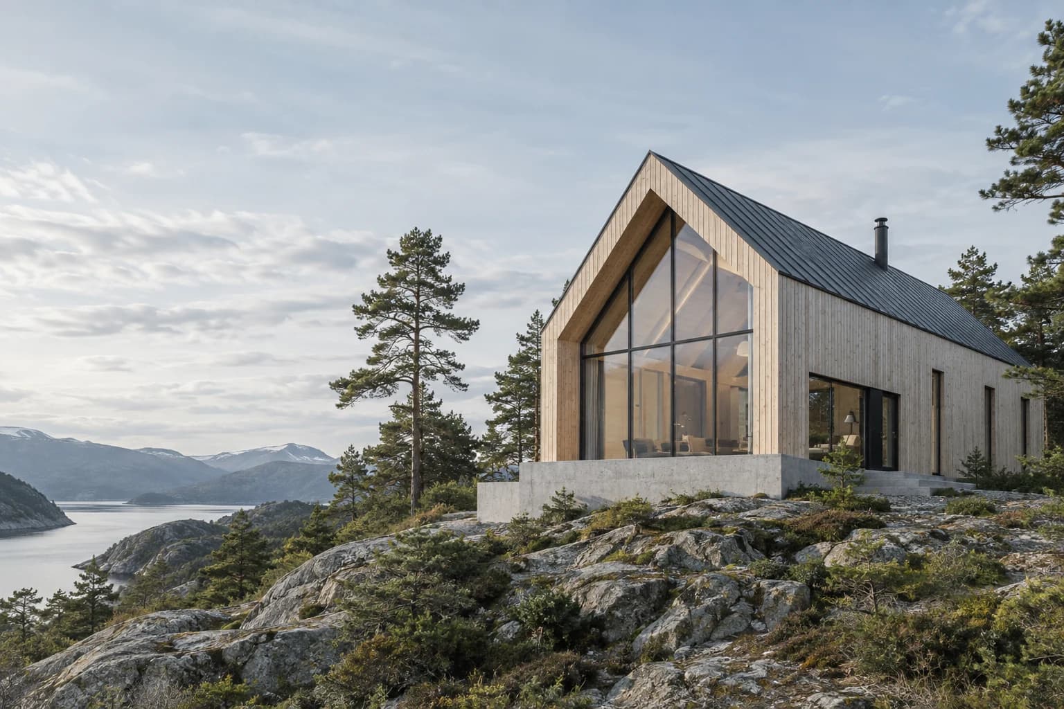 Arkitekturillustrasjon av en moderne trebolig i et norsk landskap